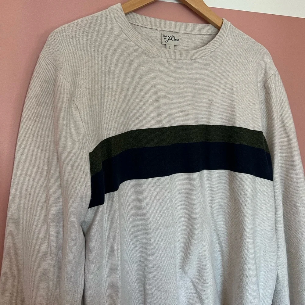 J. Crew Crewneck Sweater. Cream with Green and Navy stripes. Large. - Picture 2 of 4